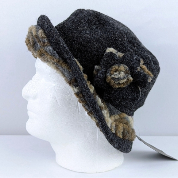 Filippo Catarzi Bucket Hat Wool Blend Flower Accent Textured Charcoal OSFM NWT main image 10